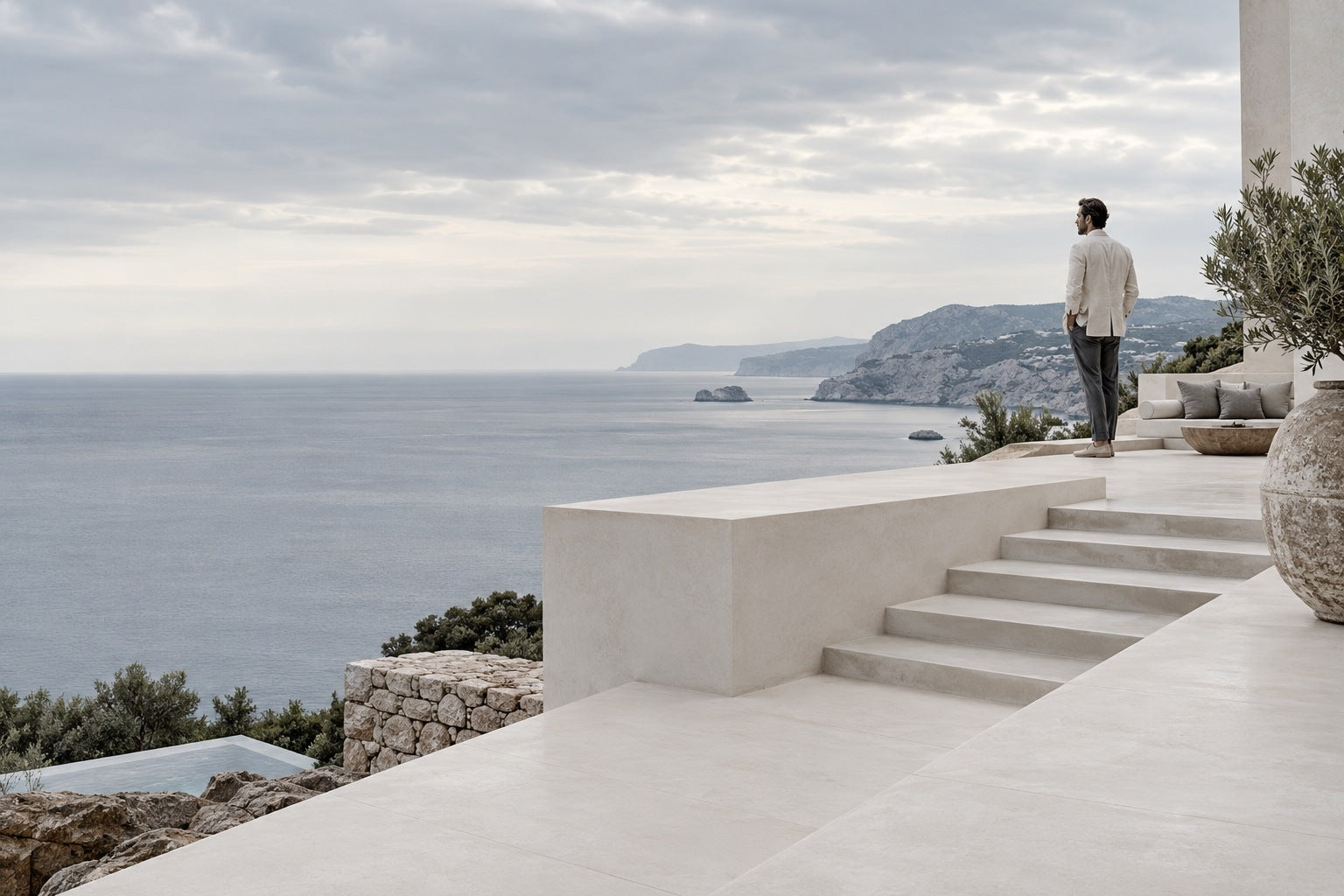 A quiet coastal terrace in soft daylight